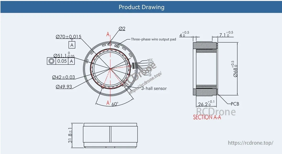 CubeMars RI75 motor features precise dimensions and includes a three-phase wire output pad and 3-hall sensor.