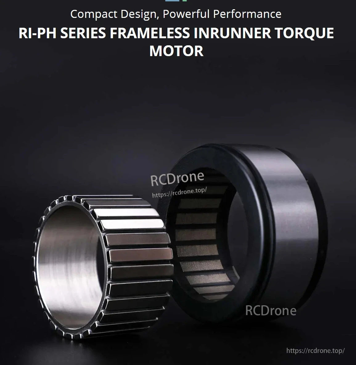 CubeMars RI75 Motor, Compact, powerful RI-PH frameless inrunner torque motor with two metal parts on dark background.
