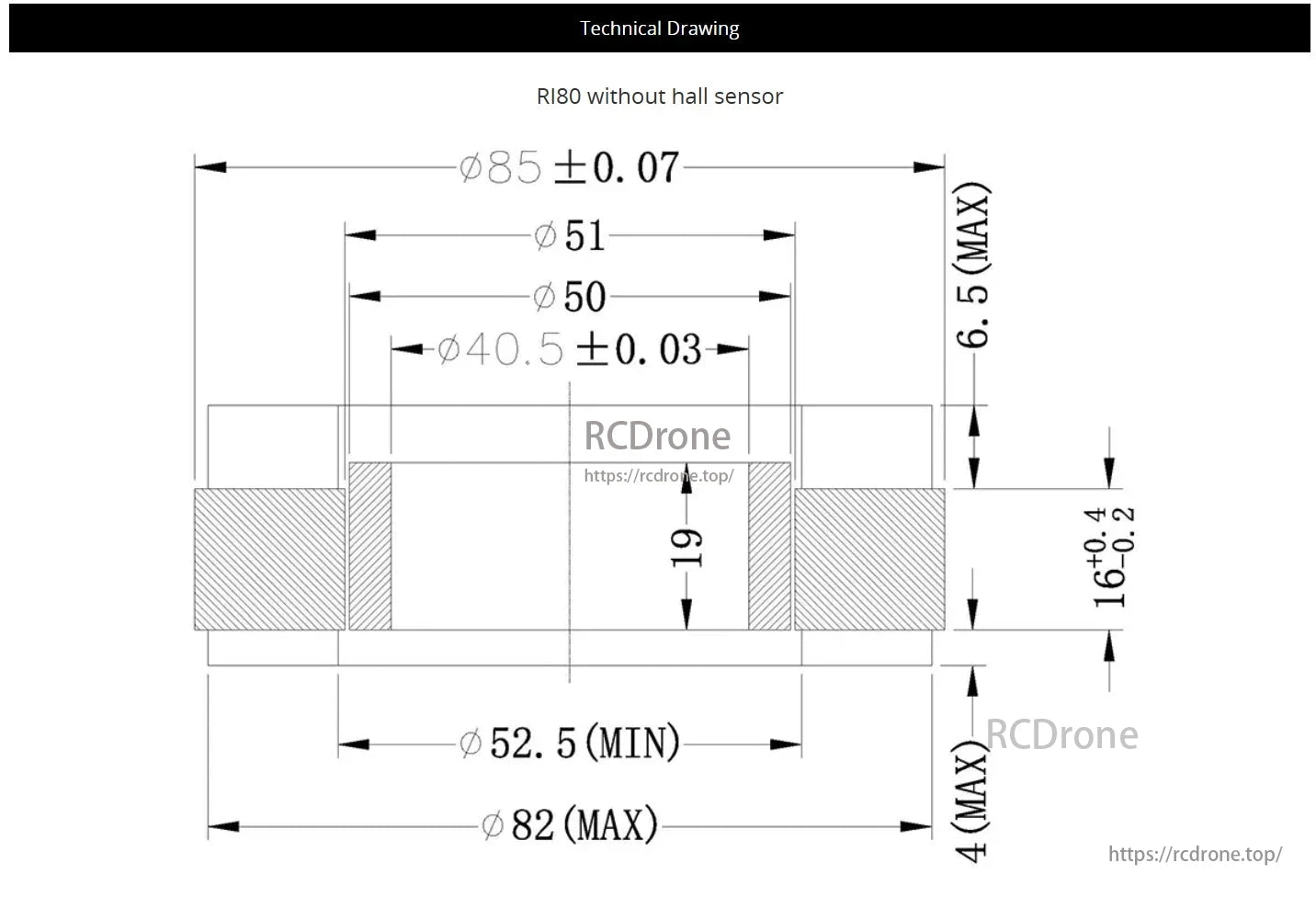CubeMars RI80 Torque Motor dimensions: various diameters and lengths, including tolerances.