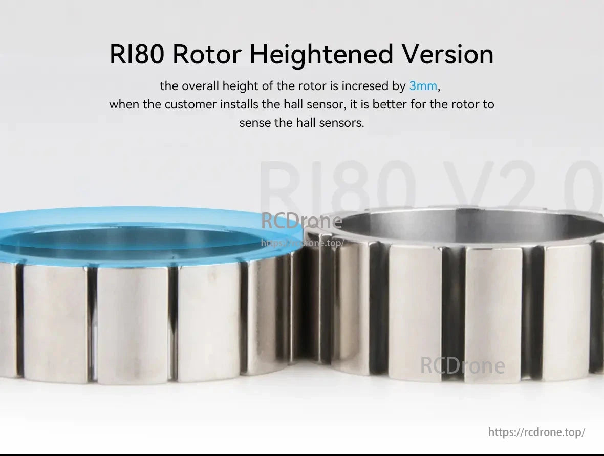 CubeMars RI80 Torque Motor, RI80 Rotor Heightened Version increases overall height by 3mm to improve hall sensor sensing.