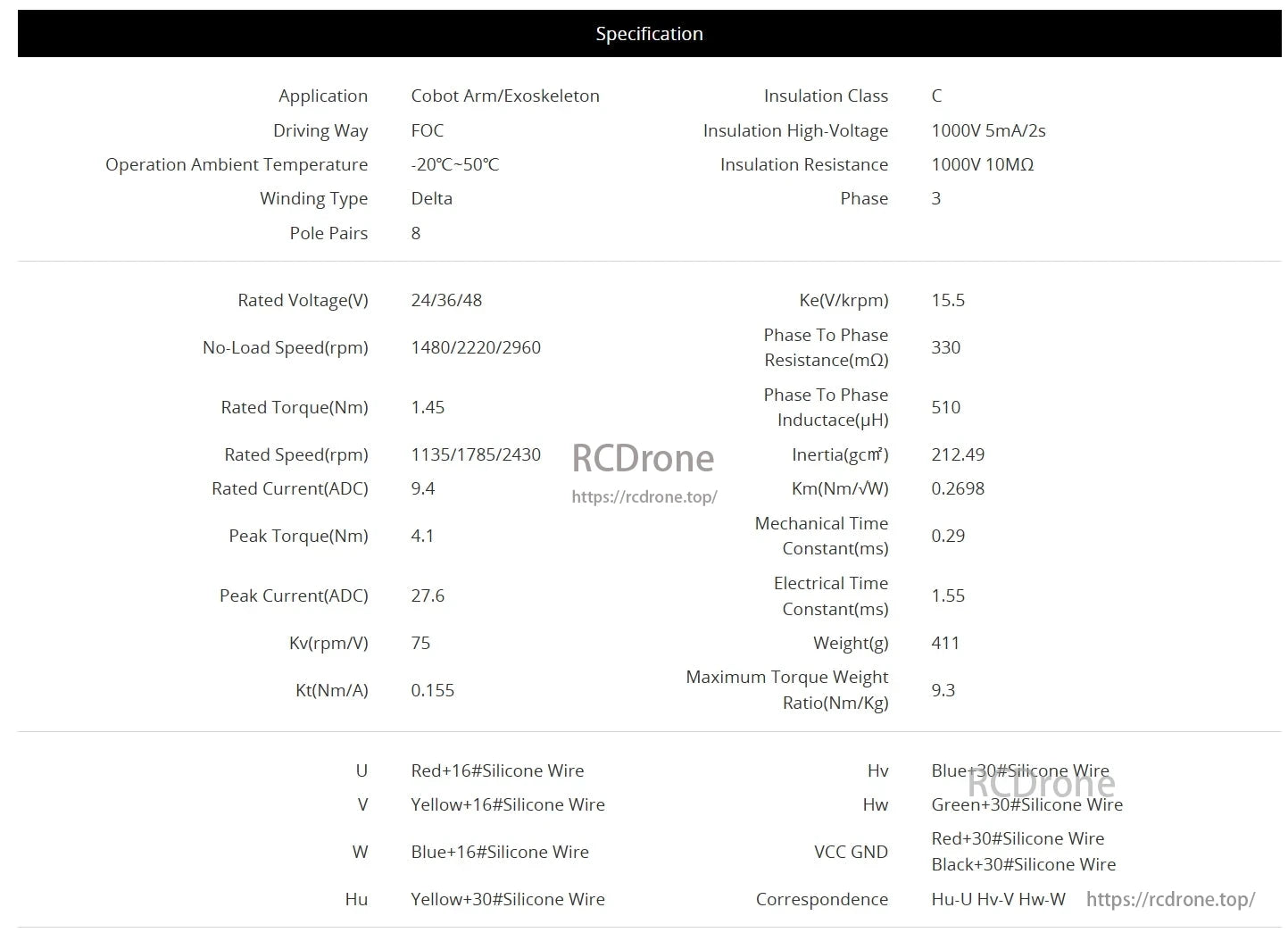 CubeMars RI80 Torque Motor: 24/36/48V, 1.45Nm torque, 9.4A, 1135/1785/2430rpm. Class C insulation, 1000V, 10MΩ. Delta winding, 8 pole pairs, 411g.