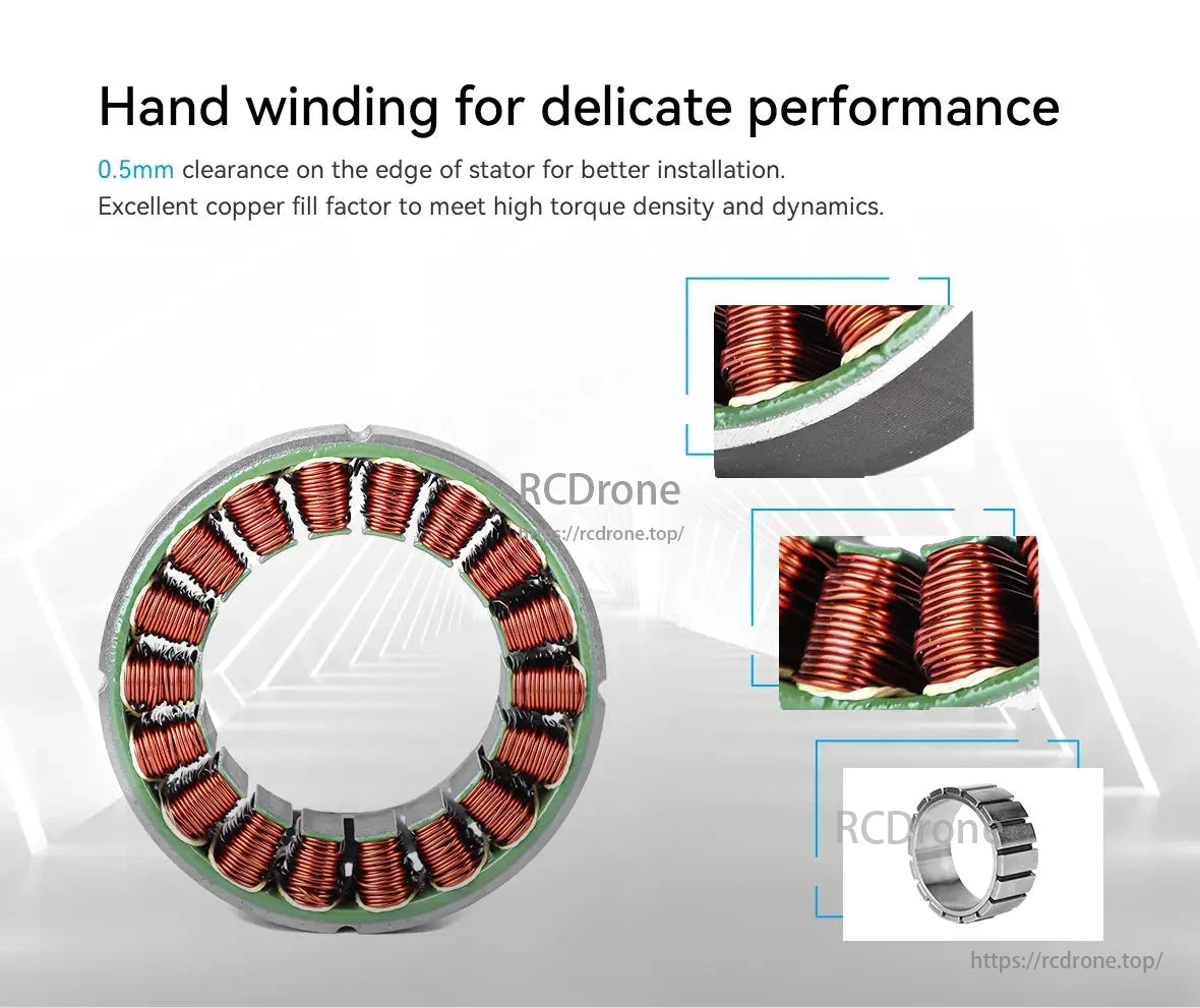 CubeMars RI80 Torque Motor, Hand-wound stator with 0.5mm clearance ensures high torque and dynamics.