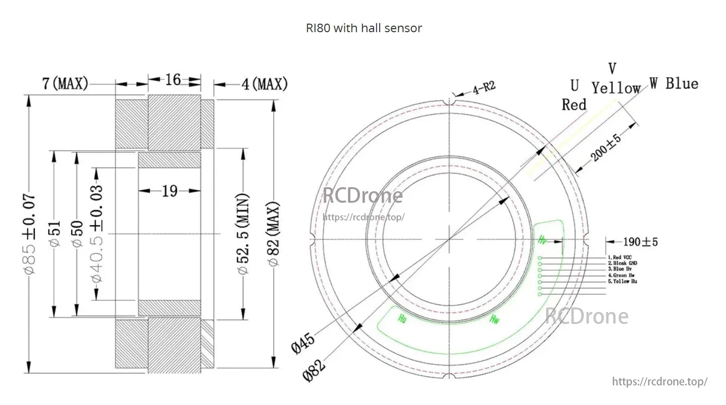 CubeMars RI80 Torque Motor with hall sensor, 85mm diameter, 82mm length, features U (Yellow), V (Red), W (Blue) wiring and precise tolerances.