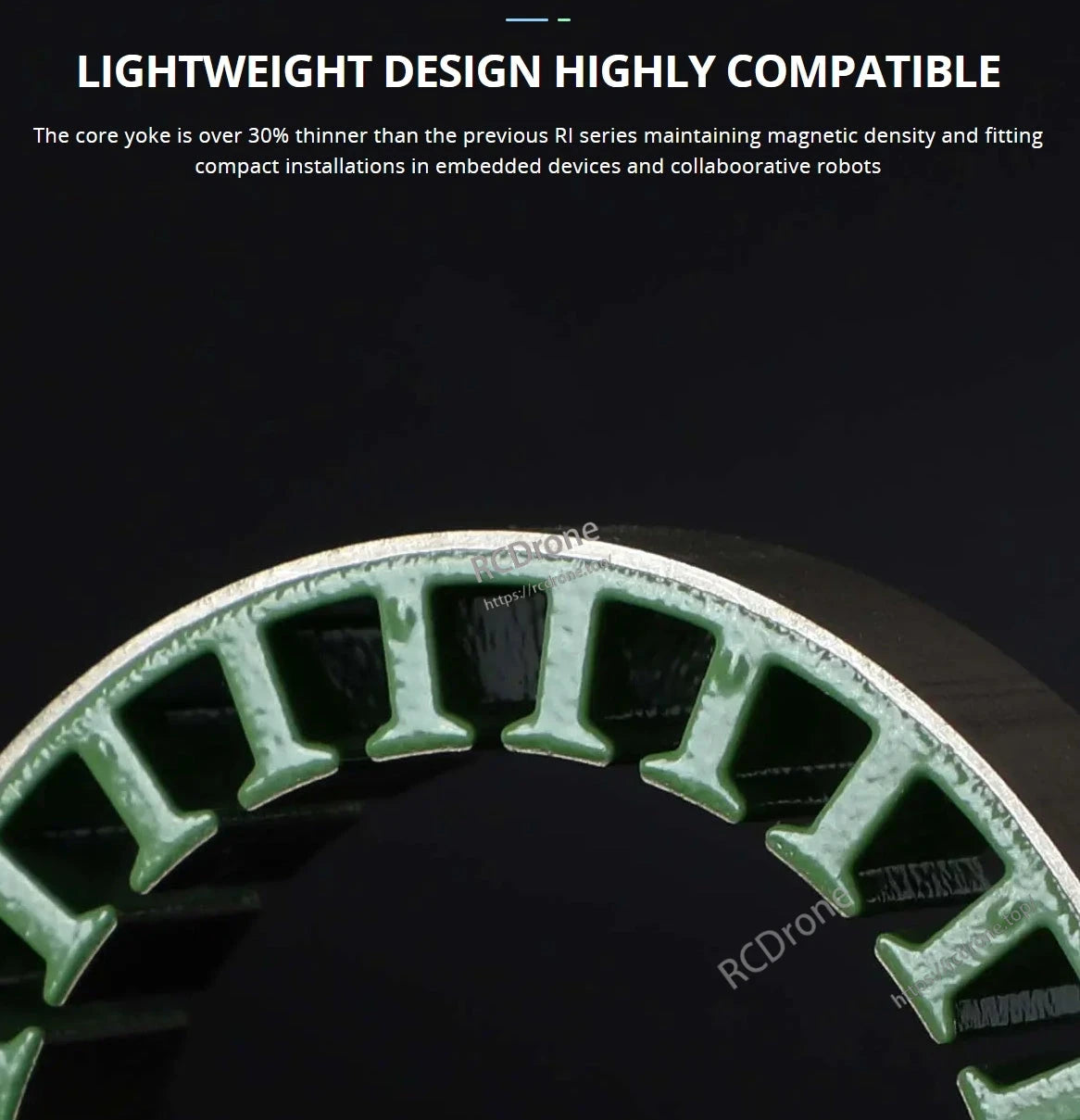 CubeMars RI85 Torque Motor, Lightweight, highly compatible design with a 30% thinner core yoke maintains magnetic density for compact device and robot installations.