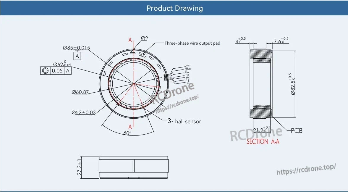 CubeMars RI85 Torque Motor specifications include dimensions, three-phase wiring, and hall sensor.