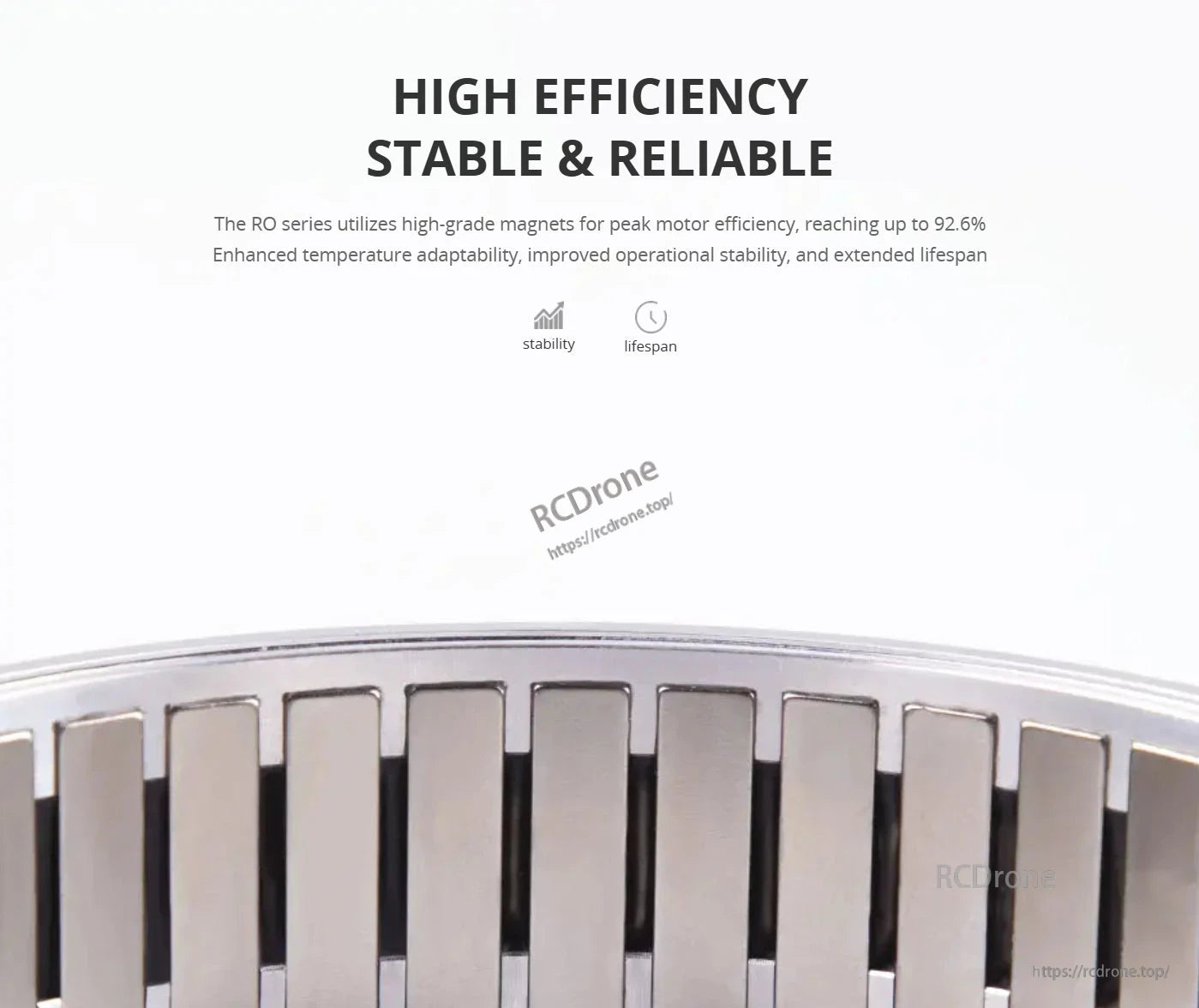 CubeMars RO100 Motor offers high efficiency (92.6%), stability, reliability, and long lifespan thanks to high-grade magnets.