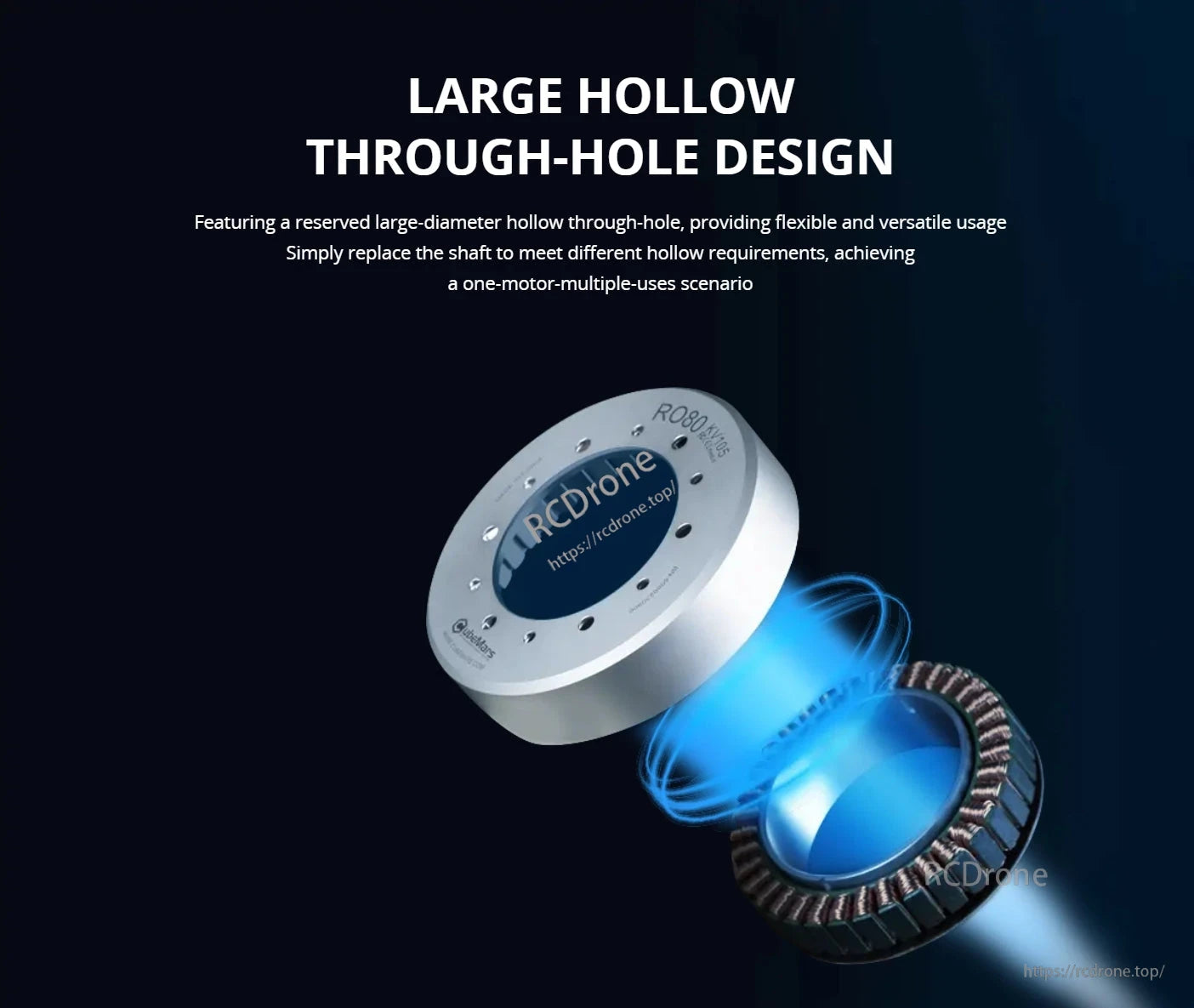 CubeMars RO100 Motor, The RO100 motor features a large hollow through-hole design, enabling flexible use and versatile applications by allowing shaft replacement.