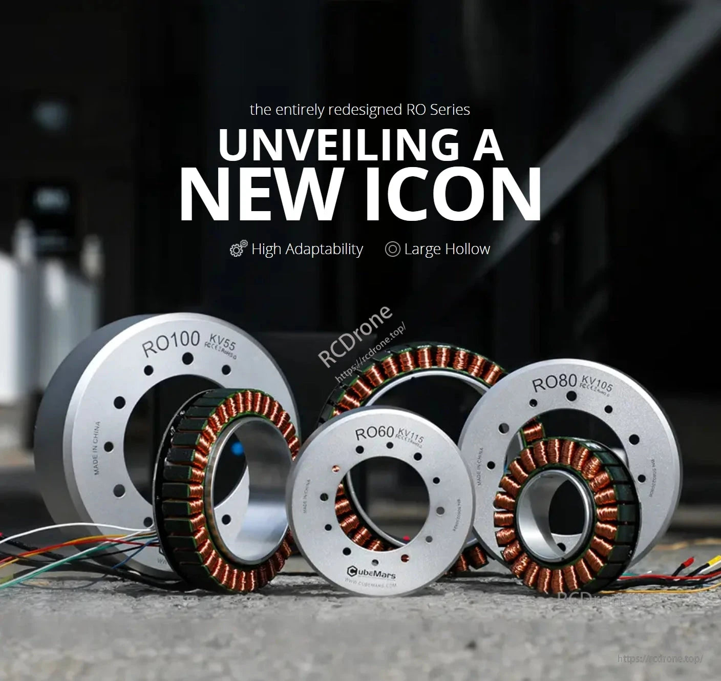 CubeMars RO100 Motor, CubeMars unveils RO Series motors: RO100 KV55, RO80 KV105, RO60 KV115. Features high adaptability and large hollow design.