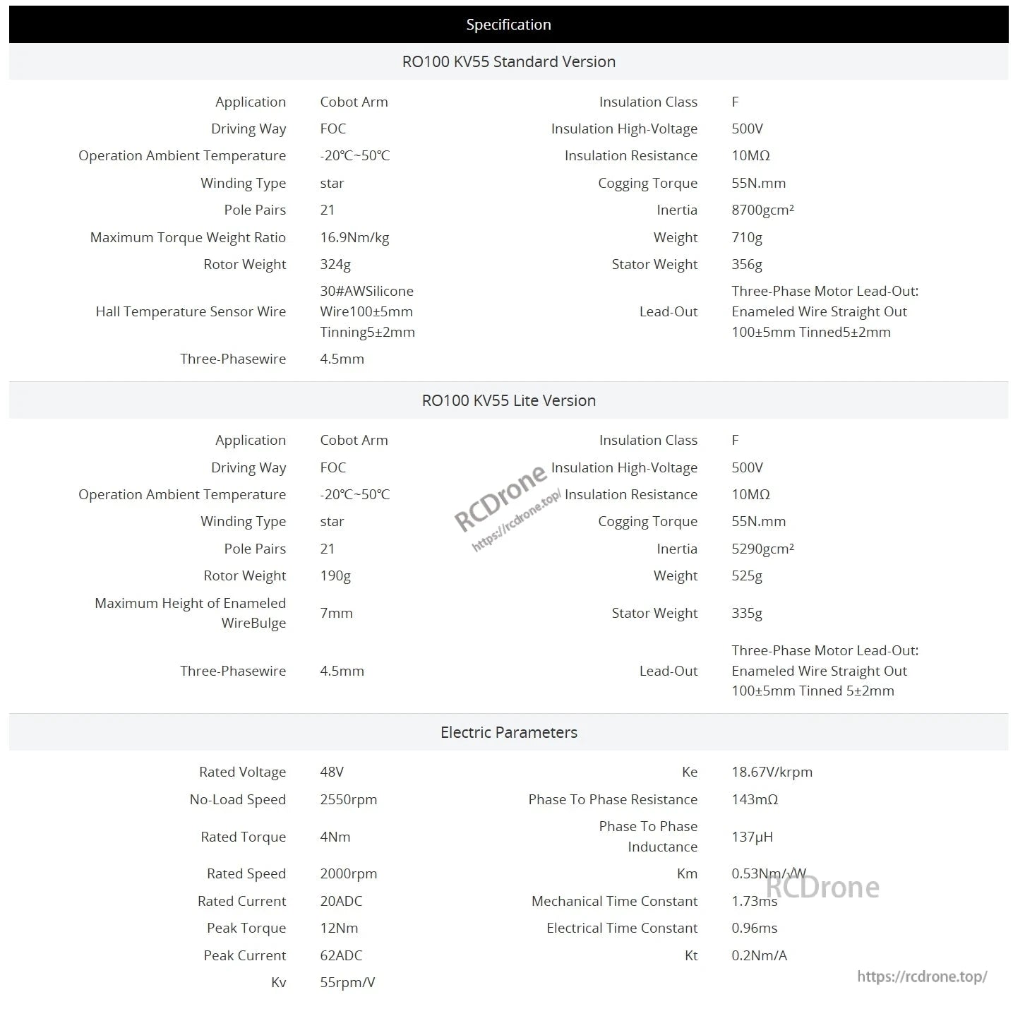 CubeMars RO100 Motor, CubeMars RO100 KV55 motor features FOC drive, operates from -20°C to 50°C, offers 4Nm torque, 2000rpm speed, 48V voltage, 20ADC current. Available in Standard and Lite versions with different weights and dimensions.