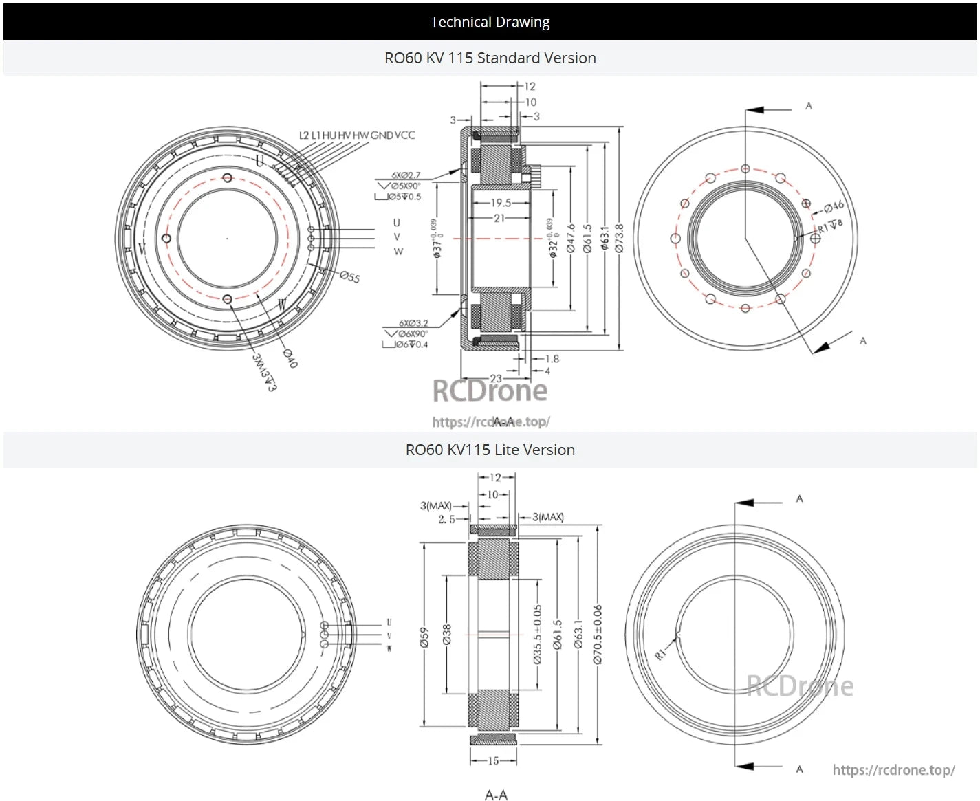 CubeMars RO60 Motor, The CubeMars RO60 KV115 motor technical drawing includes standard and lite versions with dimensions, connections (L2, L1, U, V, W), and specs for assembly and compatibility.