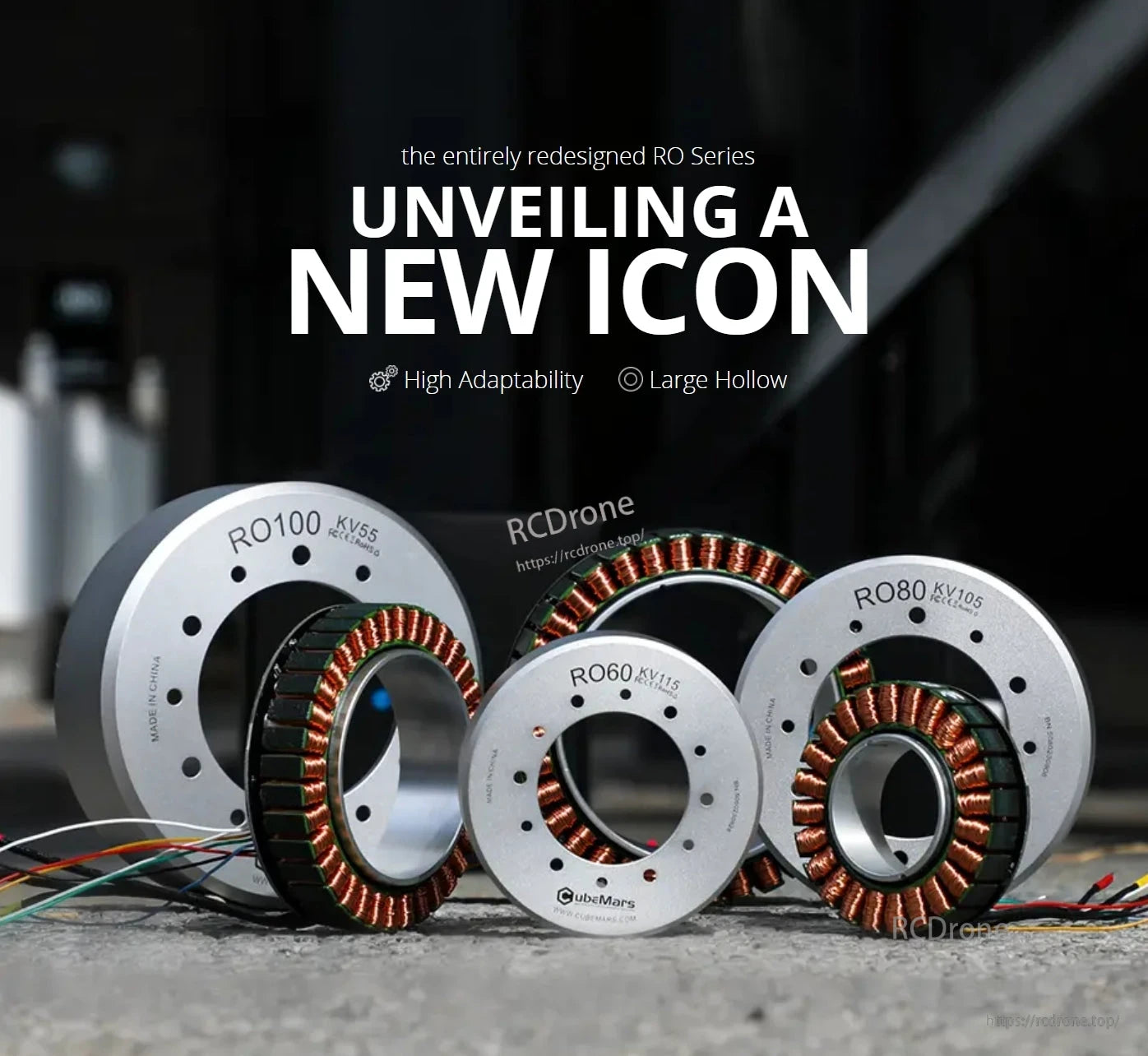 CubeMars RO60 Motor, CubeMars RO Series motors: RO100 KV55, RO60 KV115, RO80 KV105 feature high adaptability, large hollow design, and a new icon.