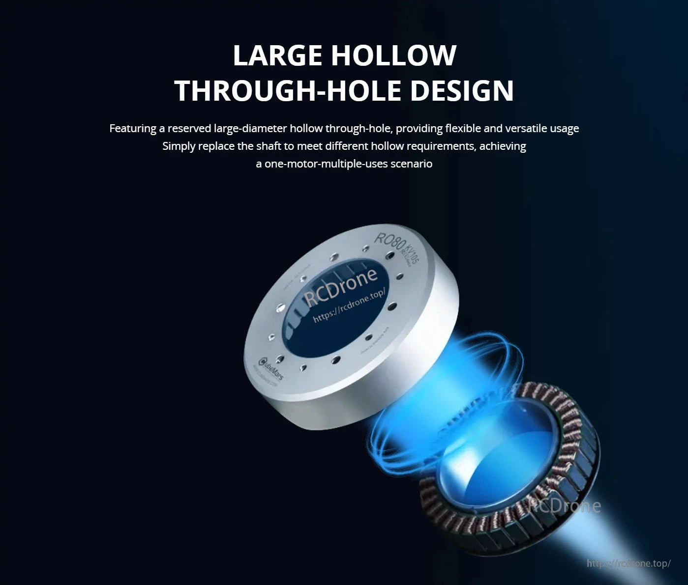 The CubeMars RO80 Motor features a large hollow through-hole design, allowing flexible use and shaft replacement for multiple applications.