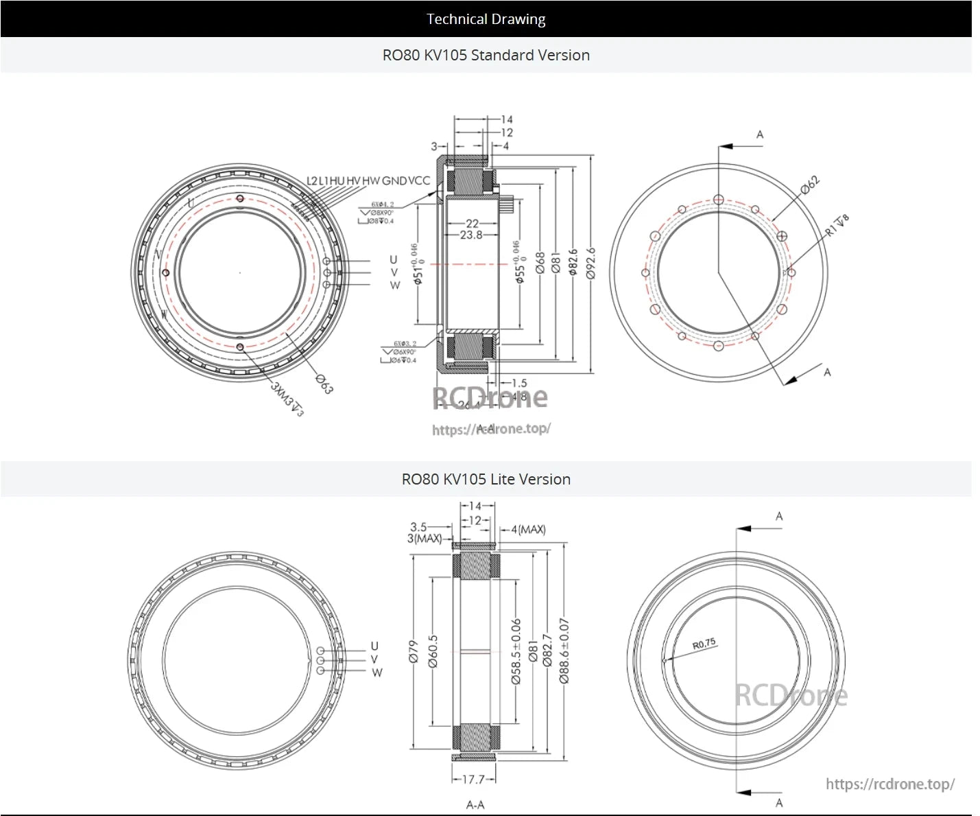 CubeMars RO80 Motor, Technical drawing details CubeMars RO80 KV105 motor versions: standard (26.4mm x 82.6mm) and lite (17.7mm x 88.6mm), with pinouts and phase connections. Ensures compatibility and proper assembly.