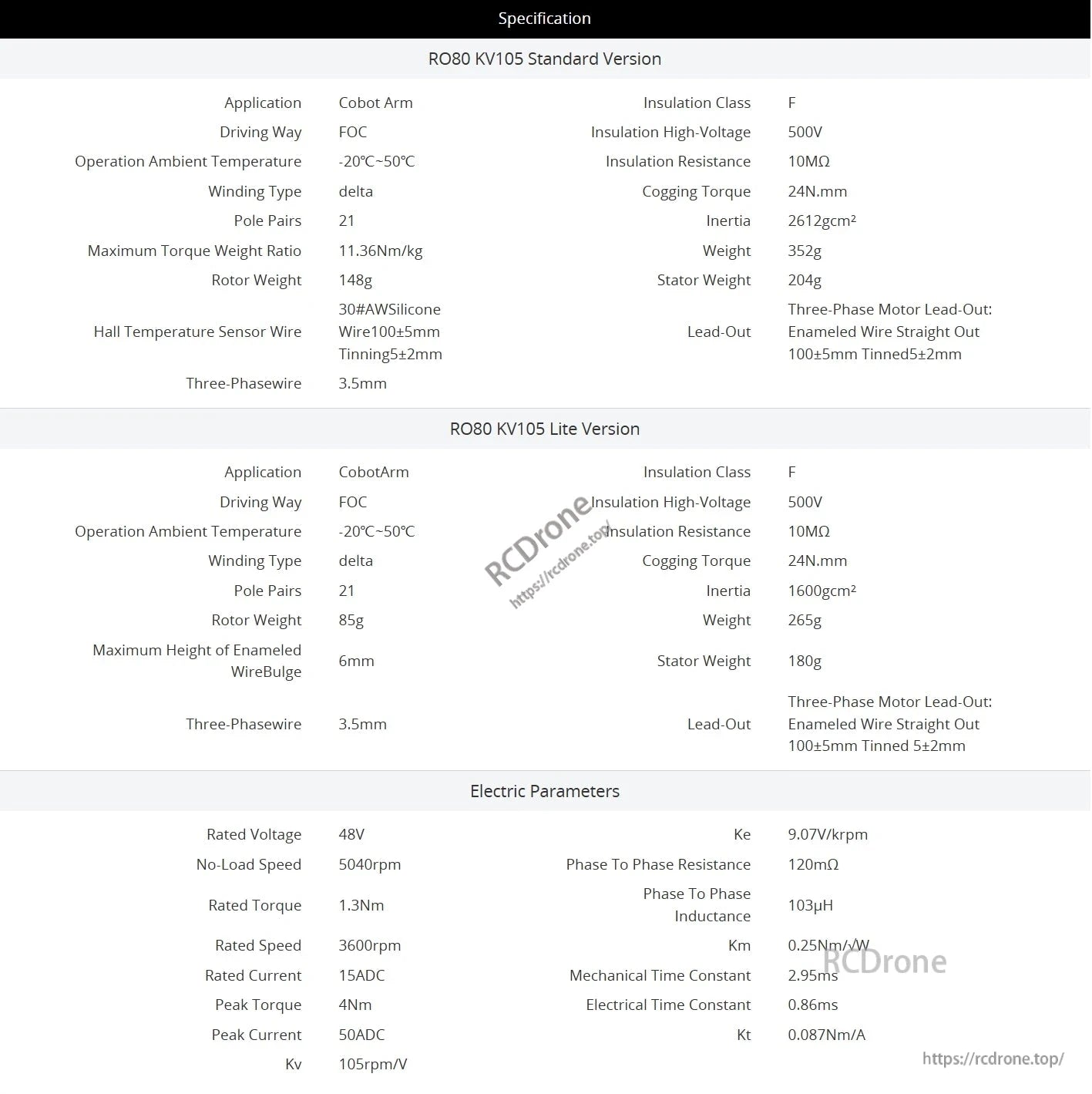 CubeMars RO80 motor: FOC drive, 48V, 5040rpm, 4Nm torque, 21 pole pairs, delta winding, -20°C to 50°C. Standard 352g, Lite 265g.