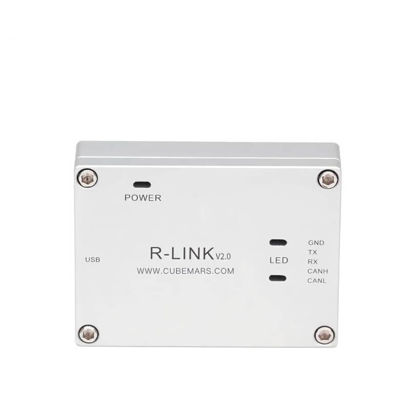 CubeMars RUBIK LINK V2.0 USB to serial port module front panel with POWER, USB, LED, TX/RX, CAN labels
