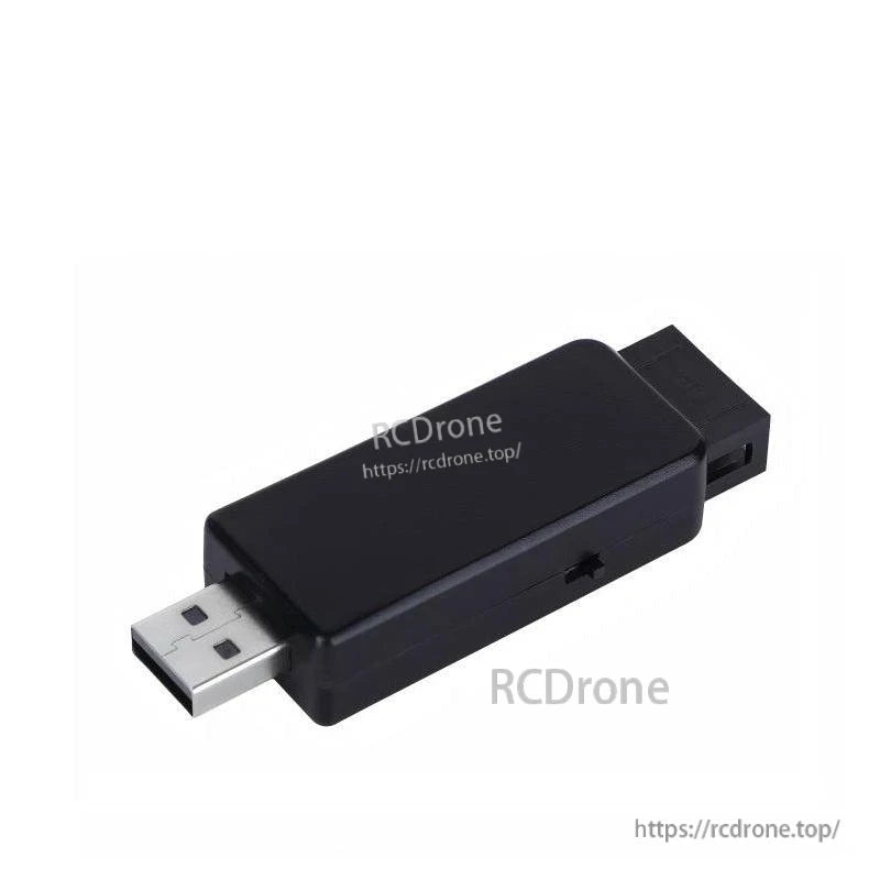 Side view of USB-to-serial module housing with USB-A plug and end connector profile