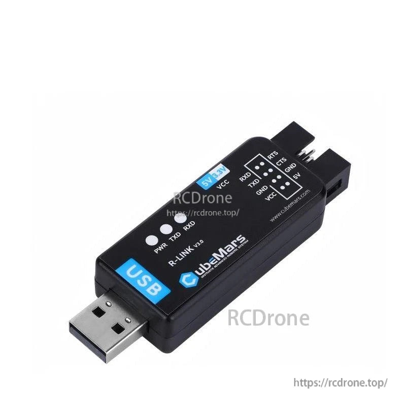 CubeMars R-LINK V3.0 USB-to-serial module angled view, status LEDs and 5V/3.3V marking visible