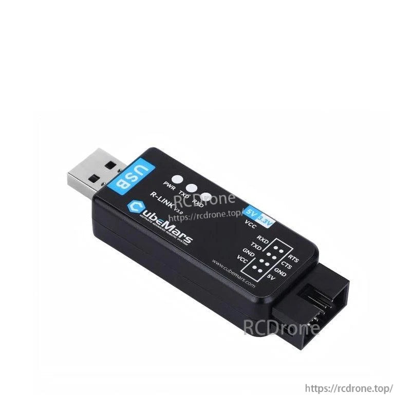 Angled view of R-LINK V3.0 module showing USB-A connector and serial header end