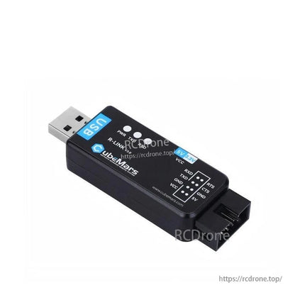 Angled view of R-LINK V3.0 module showing USB-A connector and serial header end