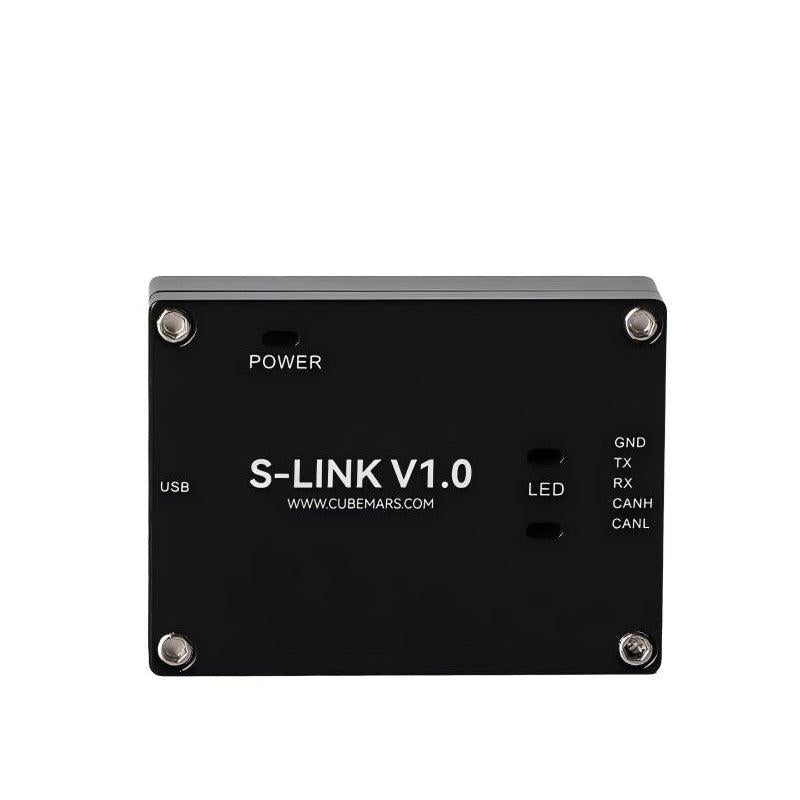 CubeMars S-LINK V1.0 Communication Module top view with POWER, LED, USB and GND TX RX CANH CANL labels
