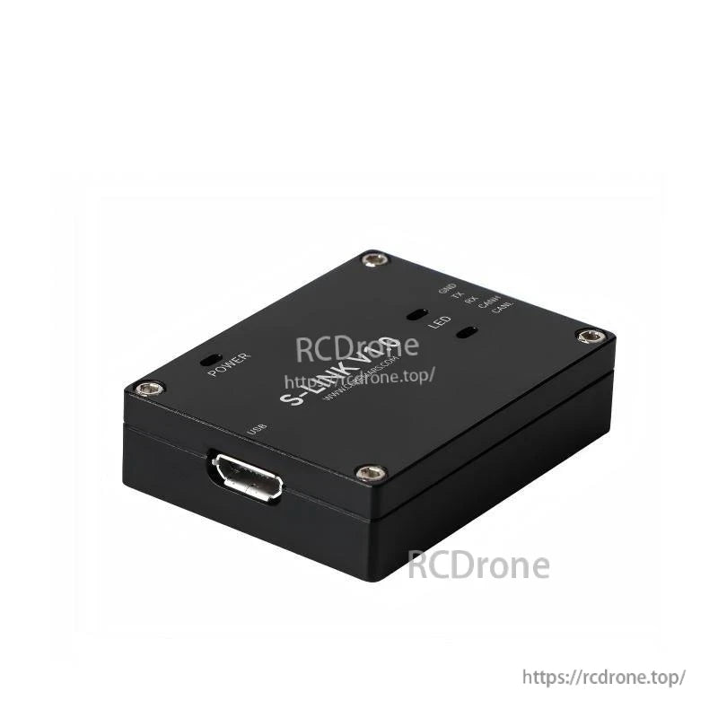 S-LINK V1.0 communication module angled view showing micro USB port and top status label cutouts