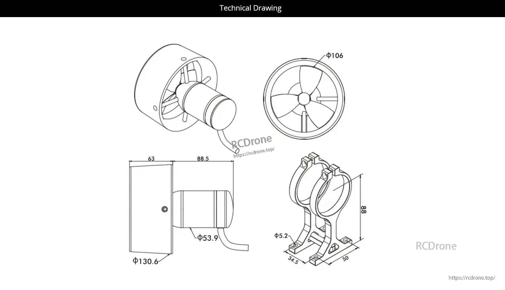 The CubeMars SW12 Underwater Thruster measures 130.6 x 88.5 mm, with a 106 mm fan diameter and 5.2 mm mounting holes.
