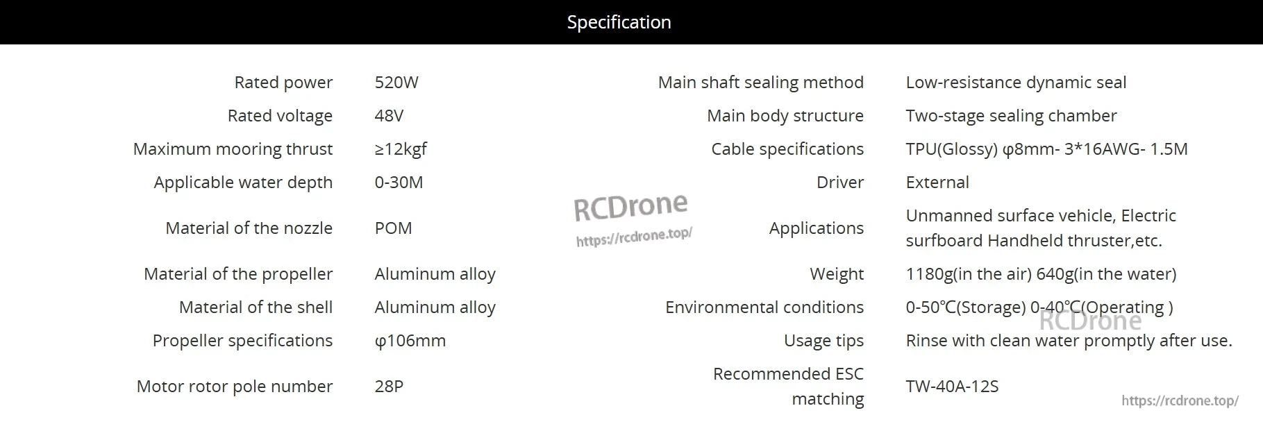 CubeMars SW12 Underwater Thruster, CubeMars SW12: 520W, 48V, ≥12kgf thrust, 0-30M depth. POM nozzle, aluminum propeller/shell, φ106mm, 28P rotor. TPU cable, external driver. For USVs, electric surfboards. 1180g (air), 640g (water).