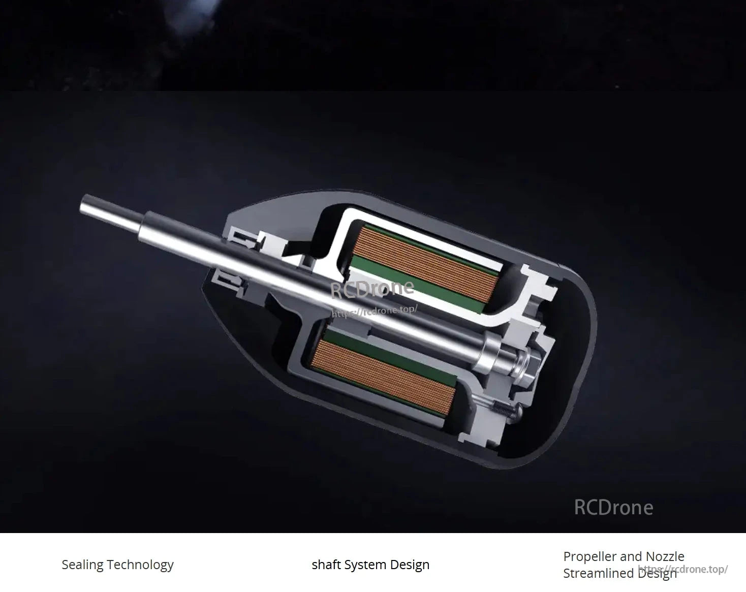 The CubeMars SW12 Underwater Thruster features sealing technology, shaft design, and a streamlined propeller and nozzle.