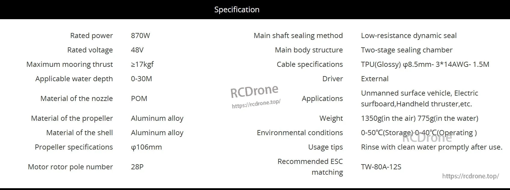 CubeMars SW17 Underwater Thruster, CubeMars SW17: 870W, 48V, ≥17kgf thrust, 0-30M depth. Features POM nozzle, aluminum propeller, 106mm prop, 28P rotor. Low-resistance seal, TPU cable, external driver. Lightweight, 0-50°C storage, 0-40°C operation. Recommended ESC: TW-80A-12S.