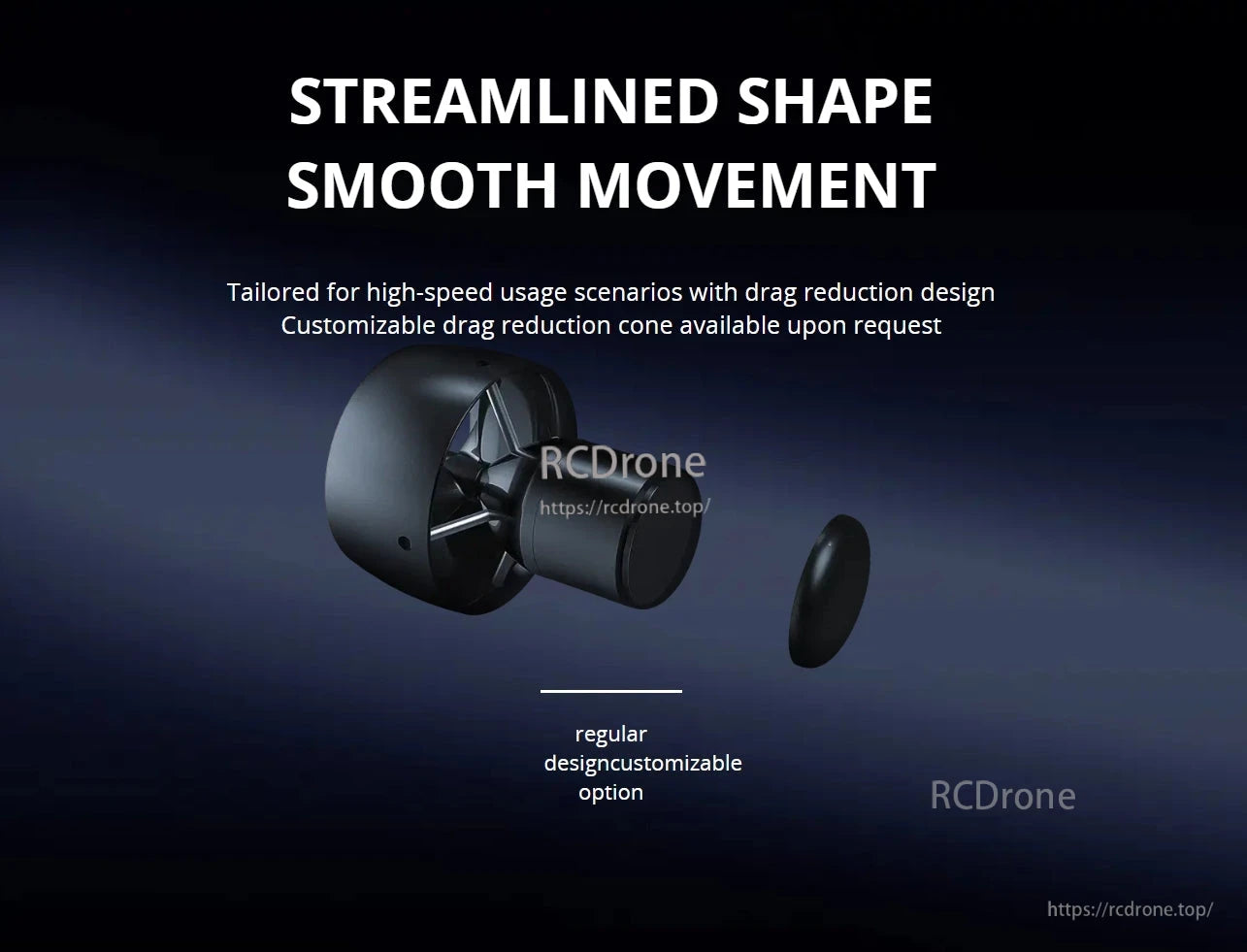 CubeMars SW17 Underwater Thruster, Streamlined design for high-speed performance, reduced drag, and smooth movement. Customizable options available.