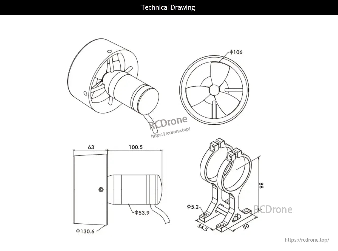 CubeMars SW17 Underwater Thruster: Dimensions: 63x100.5mm, diameter 130.6mm, 106mm fan, 5.2mm mounting holes, 50mm base.