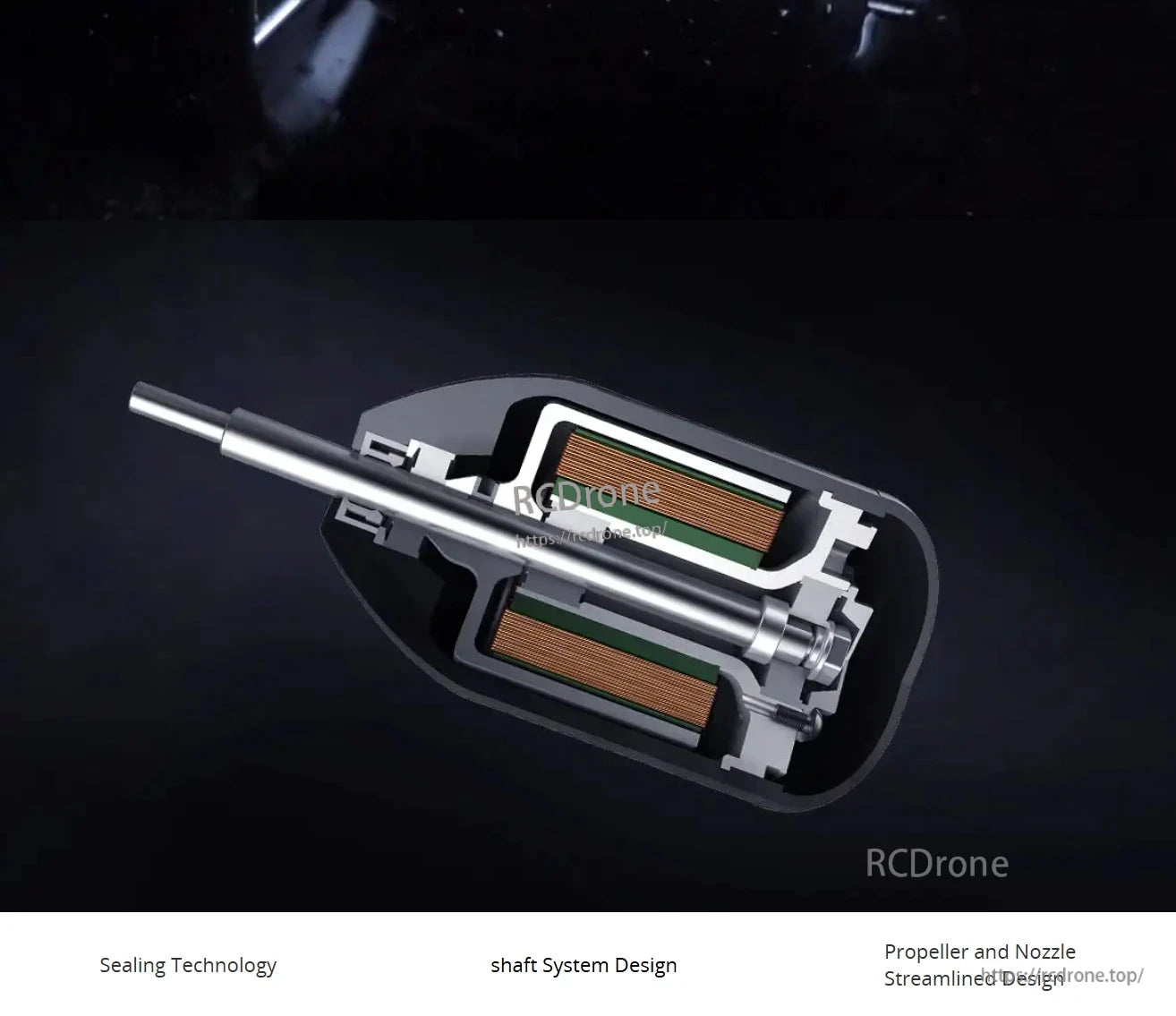 The CubeMars SW17 Underwater Thruster features sealing technology, a shaft system, and a streamlined propeller and nozzle.