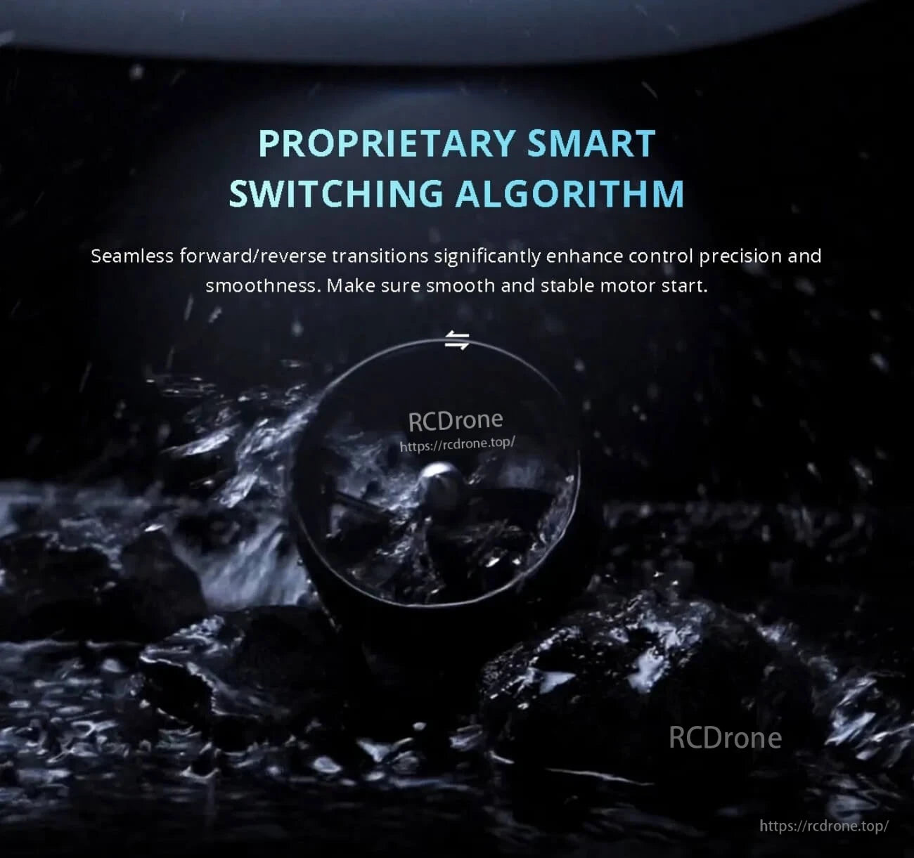 Graphic highlighting proprietary smart switching algorithm for smooth forward/reverse transitions and stable motor start