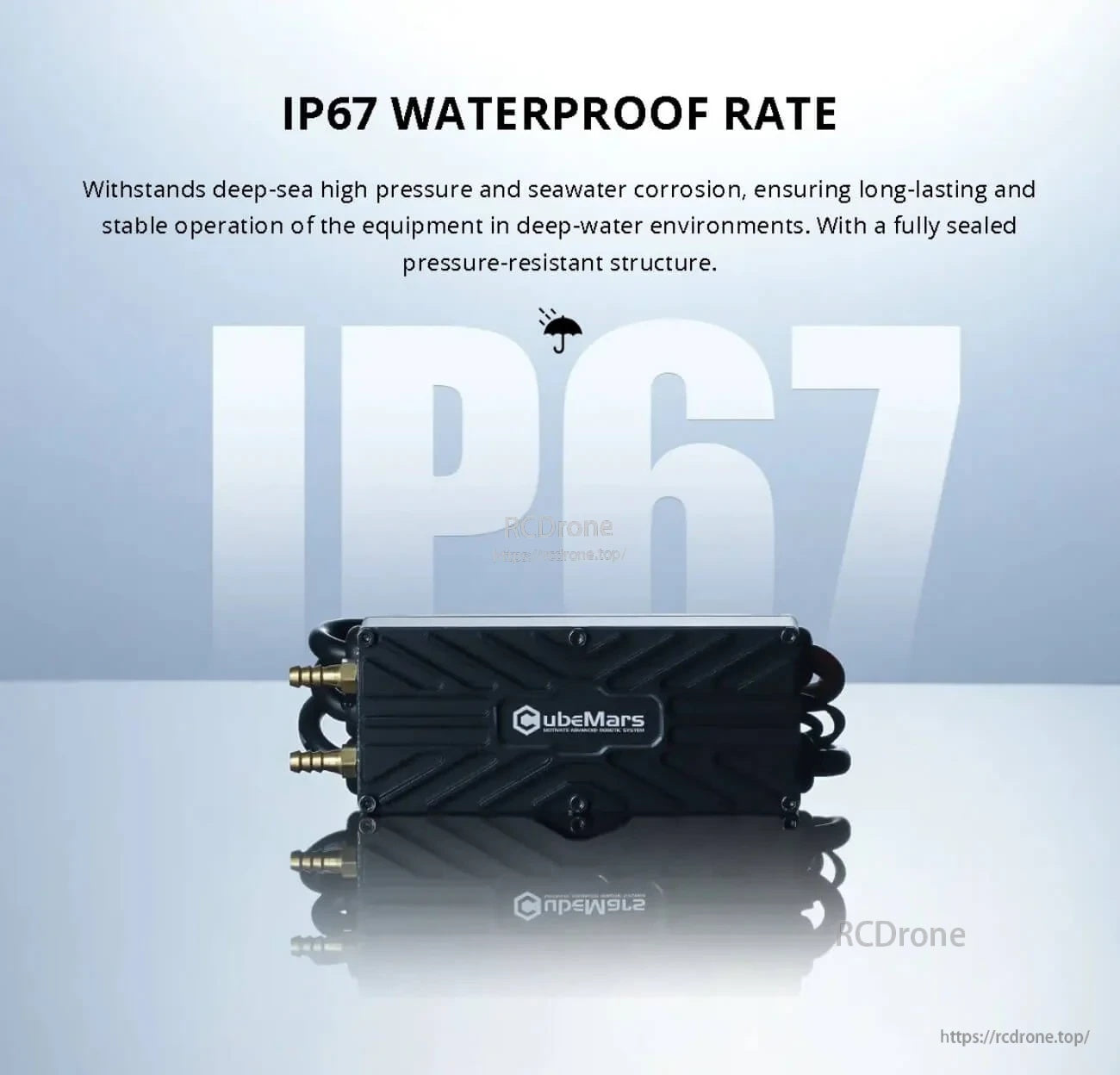 CubeMars TW-40A-12S ESC close-up highlighting IP67 waterproof, pressure-resistant sealed enclosure for underwater use