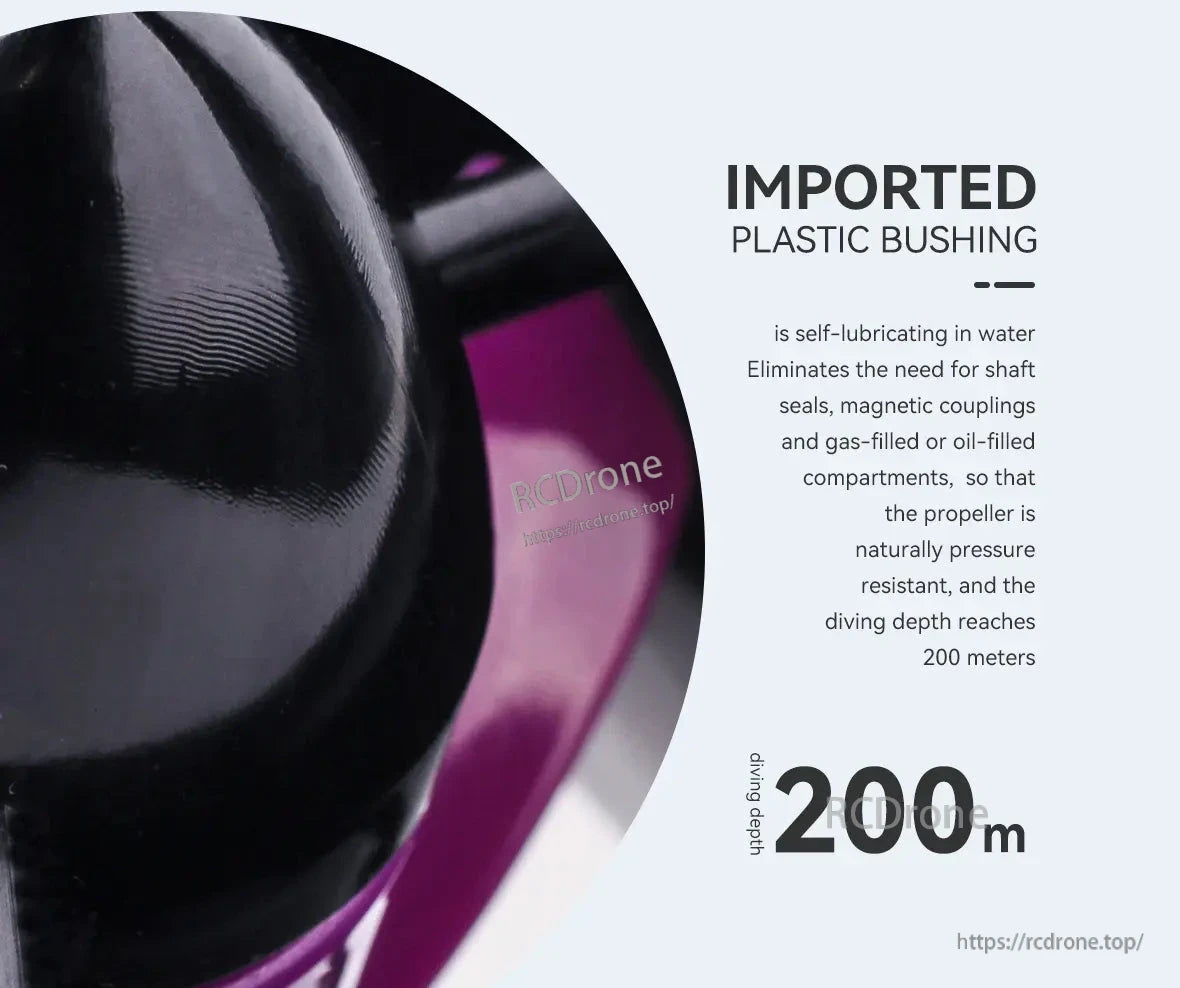 CubeMars W30 Underwater Thruster, The imported plastic bushing is self-lubricating in water, removing the need for shaft seals and couplings, while the pressure-resistant propeller allows for diving up to 200 meters.