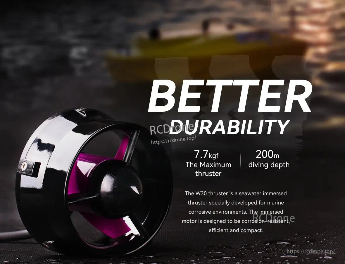 The CubeMars W30 underwater thruster provides durable, corrosion-resistant performance with 7.7kgf thrust, 200m depth rating, and compact, efficient design for marine applications.
