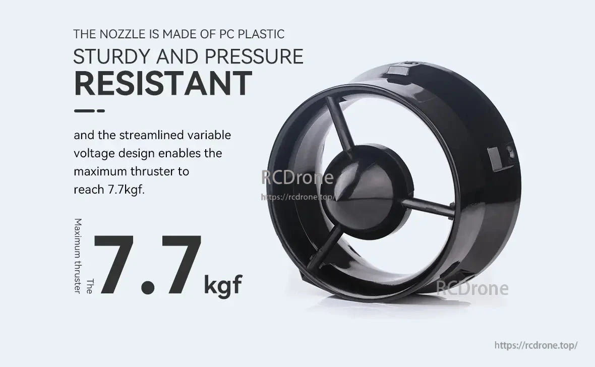 The CubeMars W30 underwater thruster features a durable PC plastic nozzle, pressure resistance, streamlined design, and delivers up to 7.7 kgf of thrust.