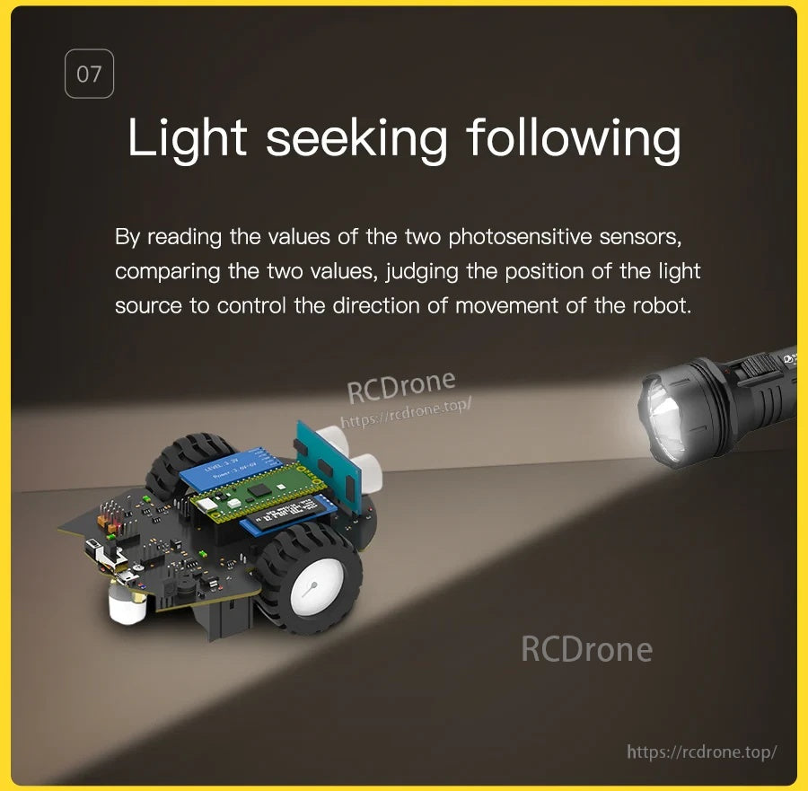 Light-seeking following demo using photosensitive sensors to steer the robot toward a flashlight beam
