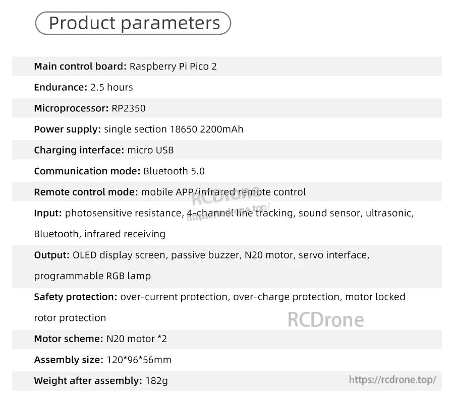 Yahboom Pico 2 robot product parameters table listing RP2350, Bluetooth 5.0, micro USB charging and 2.5h endurance