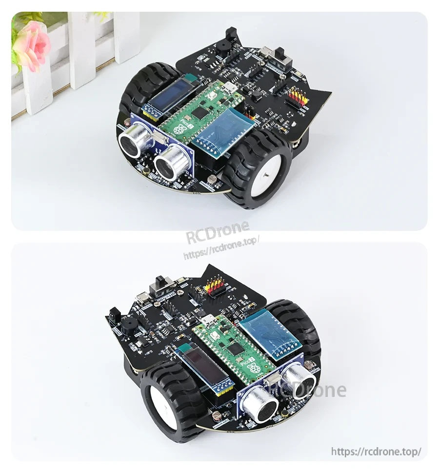 Yahboom Pico 2 robot car chassis with two large wheels, ultrasonic sensor module, and onboard controller boards
