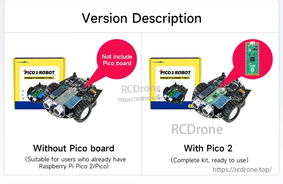 Kit version options for the robot car: without Pico board or with Pico 2 included for a ready-to-use set