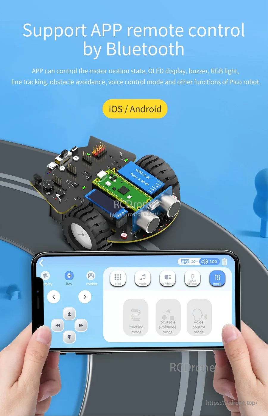 Bluetooth app control interface on a smartphone for driving the robot car and selecting sensor-based modes