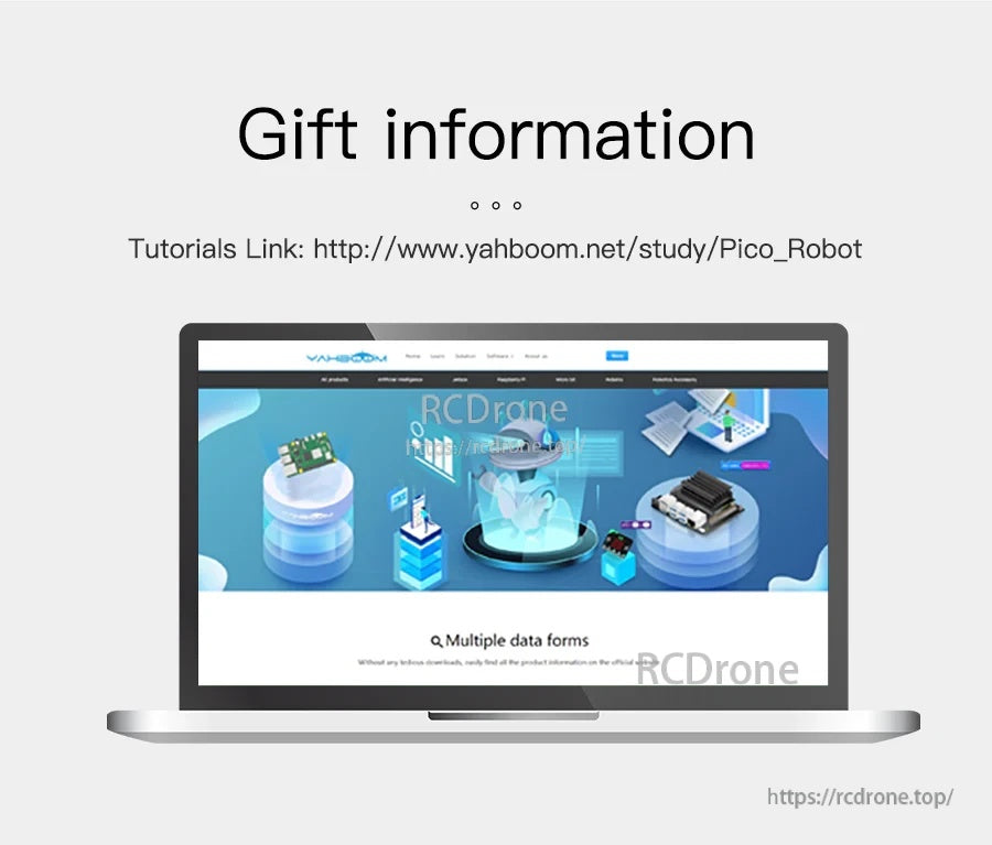 Gift information screen with Yahboom tutorial link and a laptop displaying the RCDRone website homepage