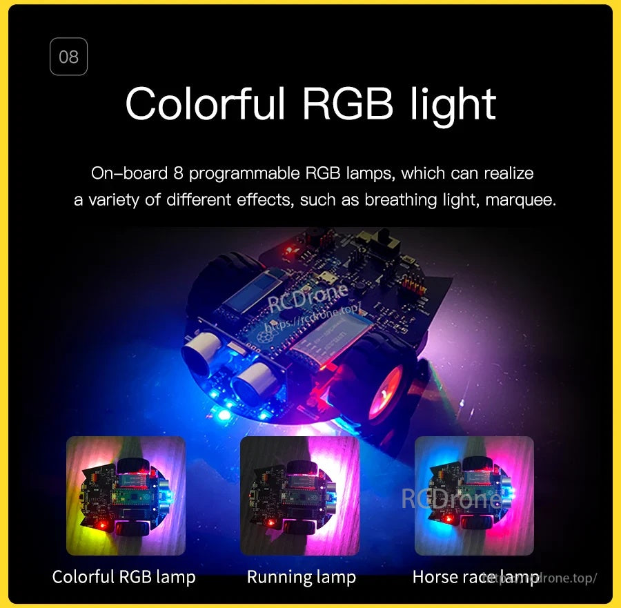 Colorful RGB lighting effects on the robot car including breathing and running light modes in a dark scene