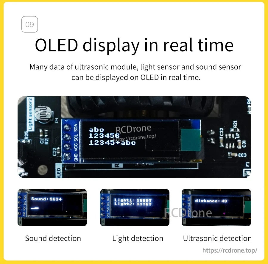 Yahboom Pico 2 robot OLED display showing real-time sensor data for sound, light, and ultrasonic distance