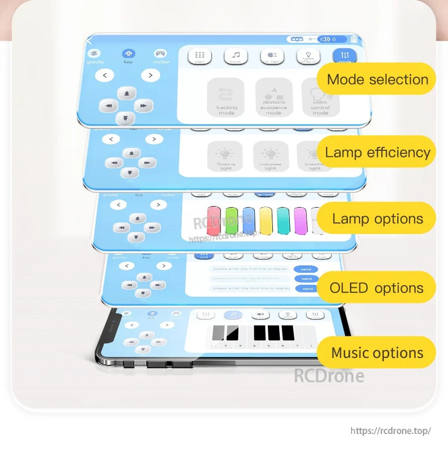 App UI feature callouts for mode selection, RGB lamp settings, OLED options, and music controls