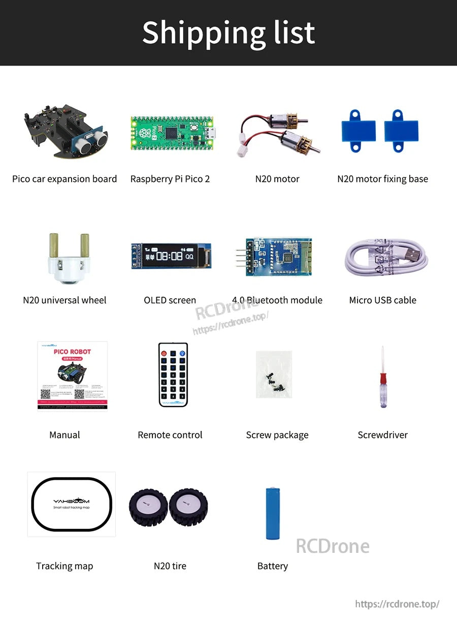 Shipping list for Yahboom Pico 2 robot kit with Pico 2 board, N20 motors, wheels, OLED, Bluetooth module, remote and tools