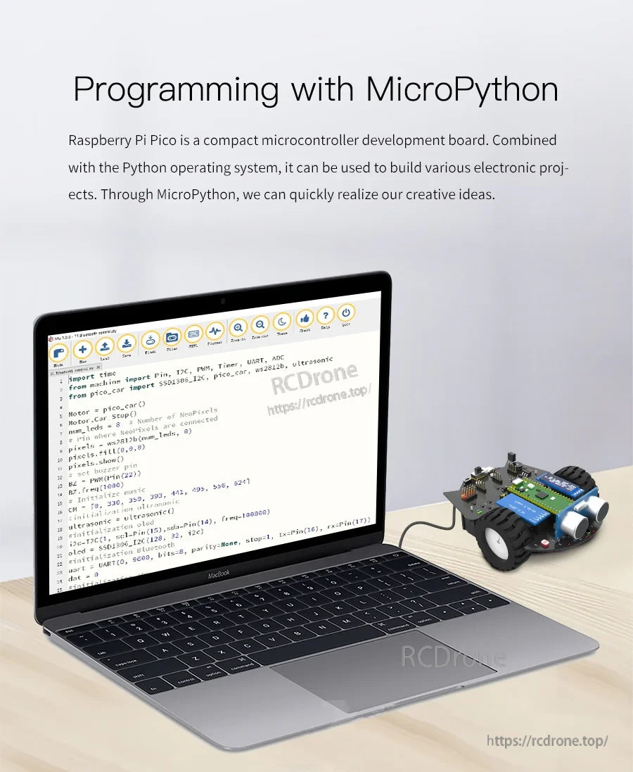 MicroPython programming setup with laptop code editor connected to the robot car for development and testing