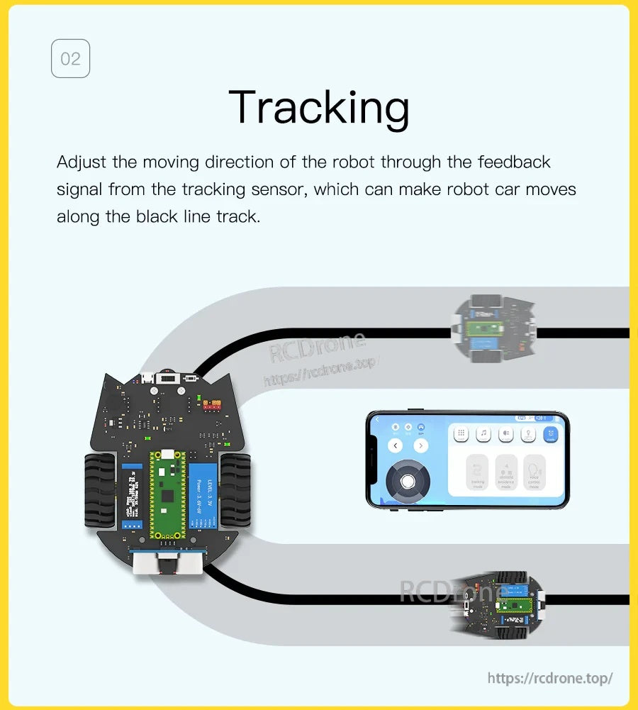 Line tracking mode illustration with robot following a black path using the underside tracking sensor feedback
