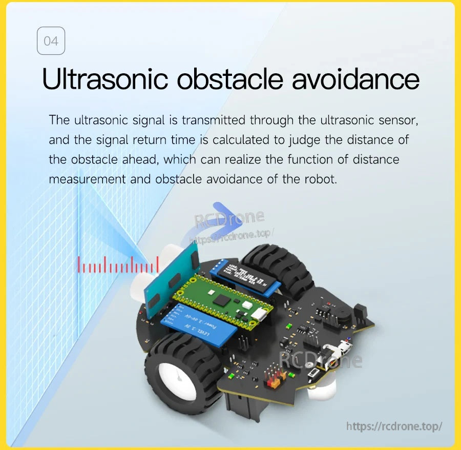 Ultrasonic obstacle avoidance mode with front ultrasonic sensor measuring distance to an object ahead
